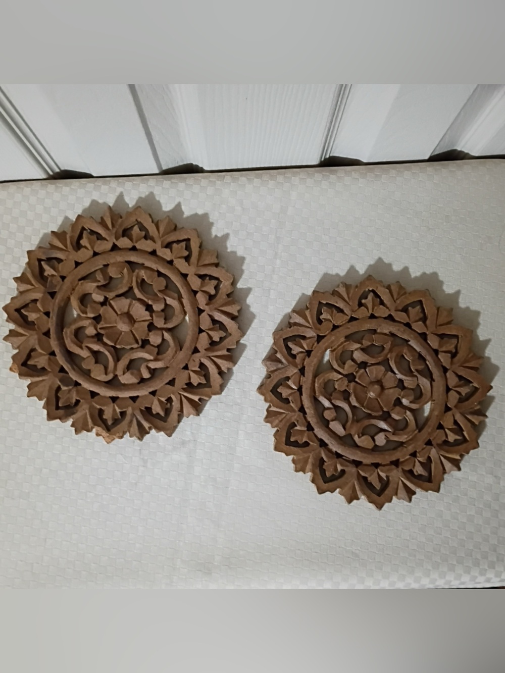 Vintage 8” wooden carved trivets hot plates wall art.